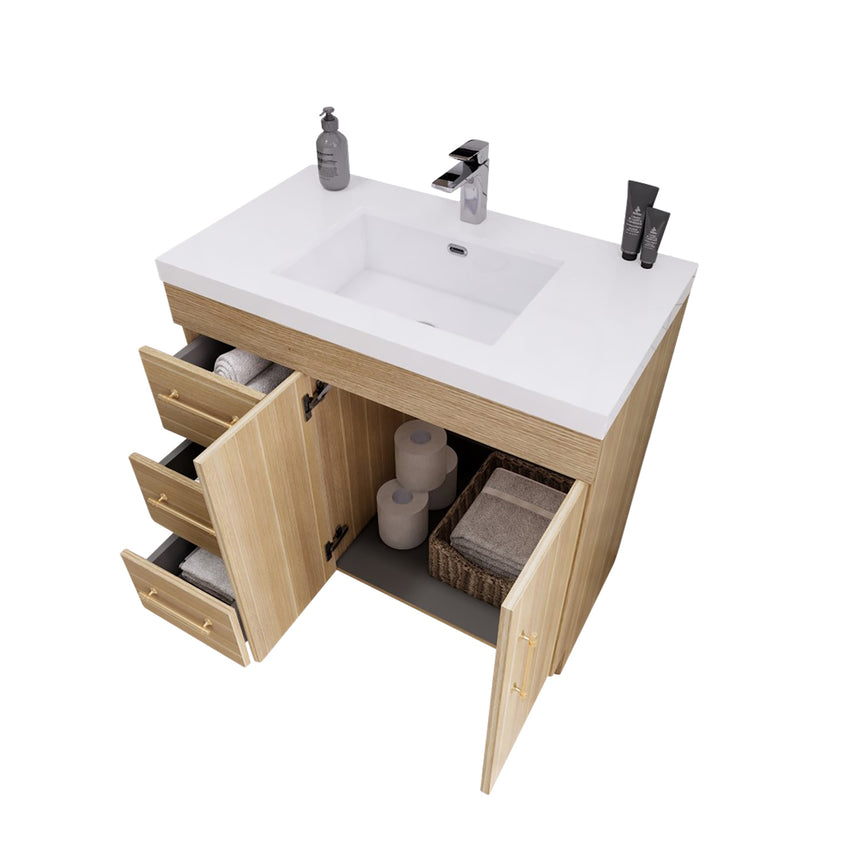 Bathroom with wooden vanity, sink, and decorative elements.