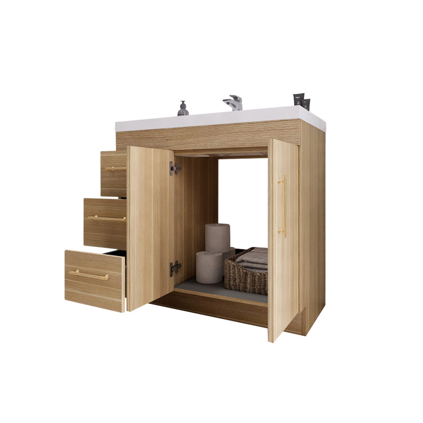 Bathroom with wooden vanity, sink, and decorative elements.