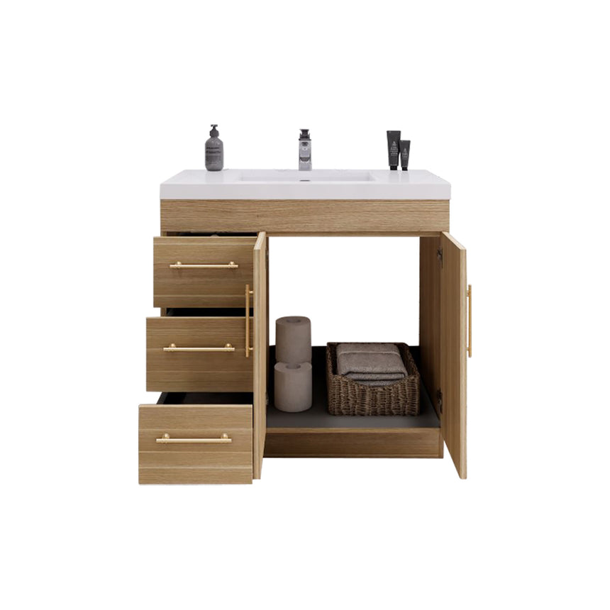 Bathroom with wooden vanity, sink, and decorative elements.
