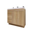 Bathroom vanity with wooden finish and white countertop on a white background