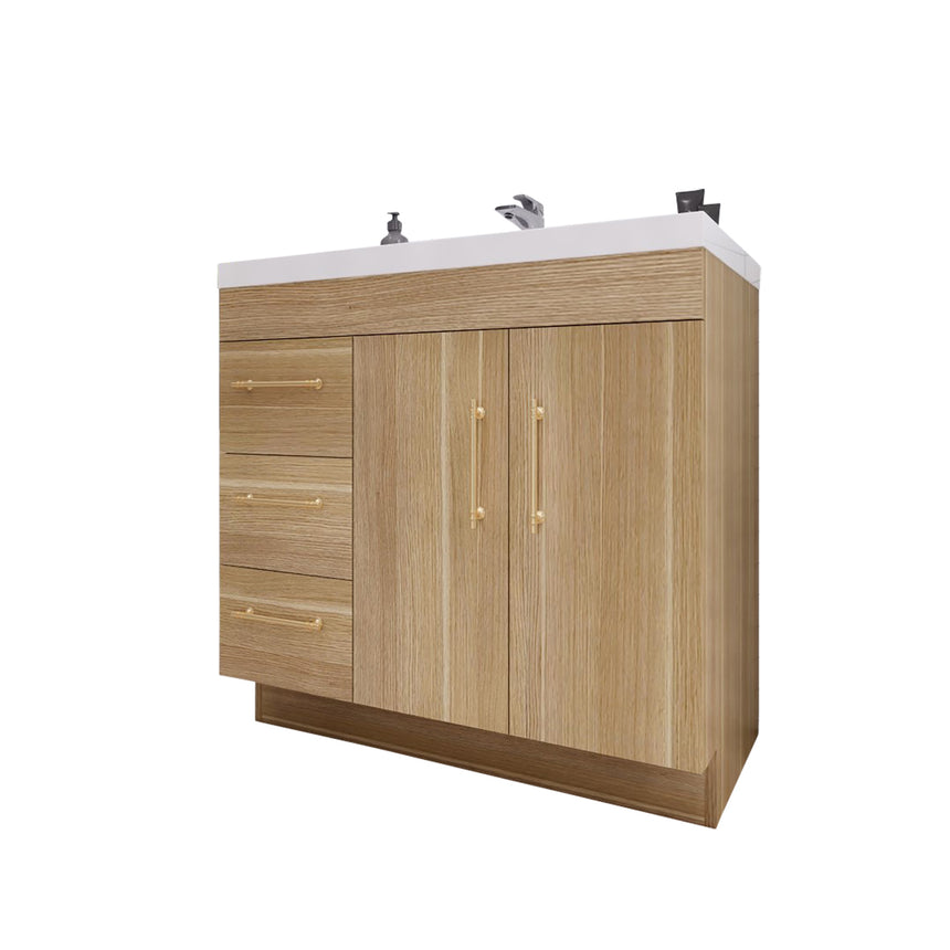 Bathroom with wooden vanity, sink, and decorative elements.