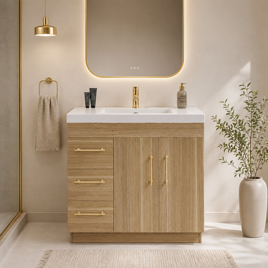 Bathroom with wooden vanity, sink, and decorative elements.