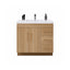 Wooden bathroom vanity with white countertop and gold handles on a white background