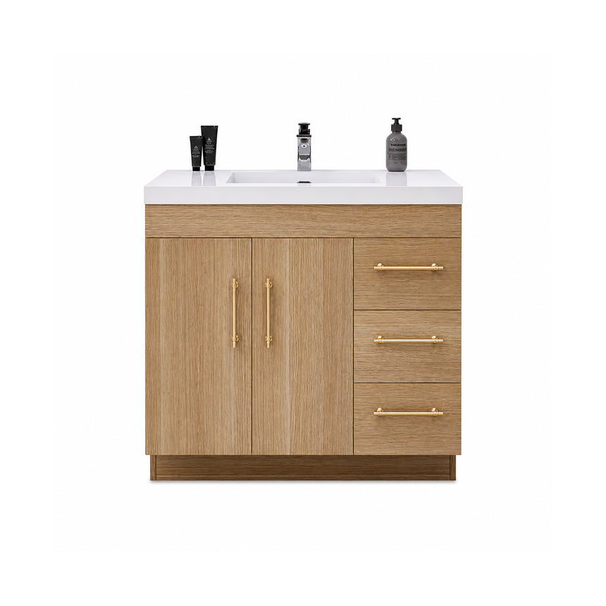 Bathroom with wooden vanity, sink, and decorative elements.