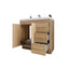 Wooden bathroom vanity with open cabinet doors on a white background