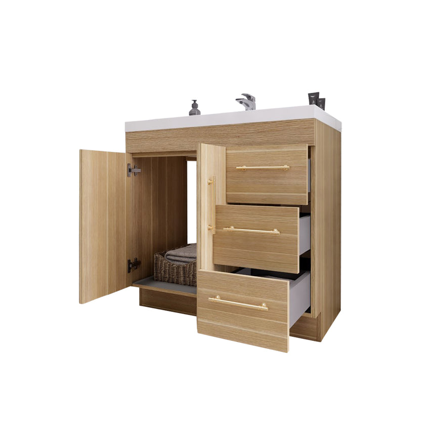 Bathroom with wooden vanity, sink, and decorative elements.