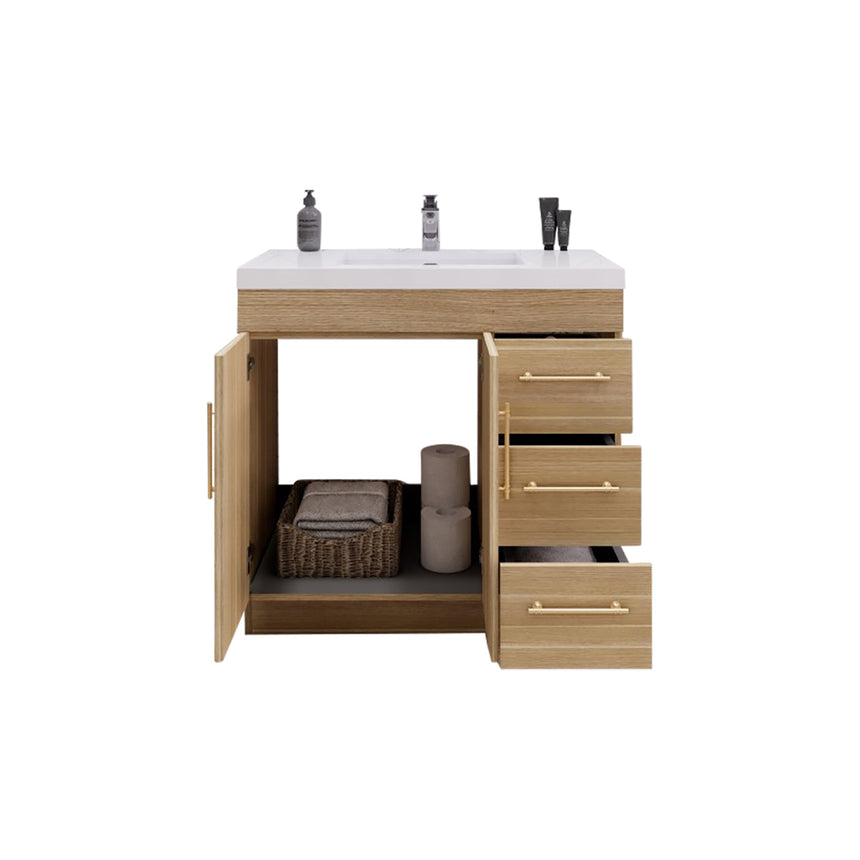 Bathroom with wooden vanity, sink, and decorative elements.