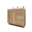 Bathroom vanity with wooden finish and white countertop on a white background