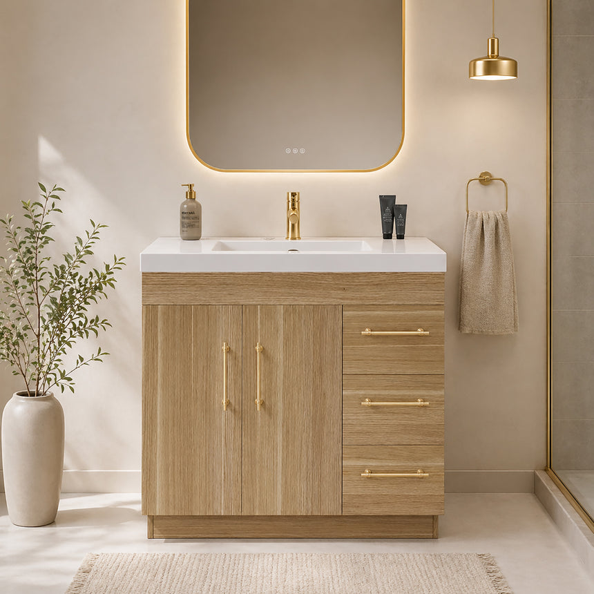 Bathroom with wooden vanity, sink, and decorative elements.