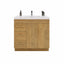 Wooden bathroom vanity with white countertop and gold handles on a white background