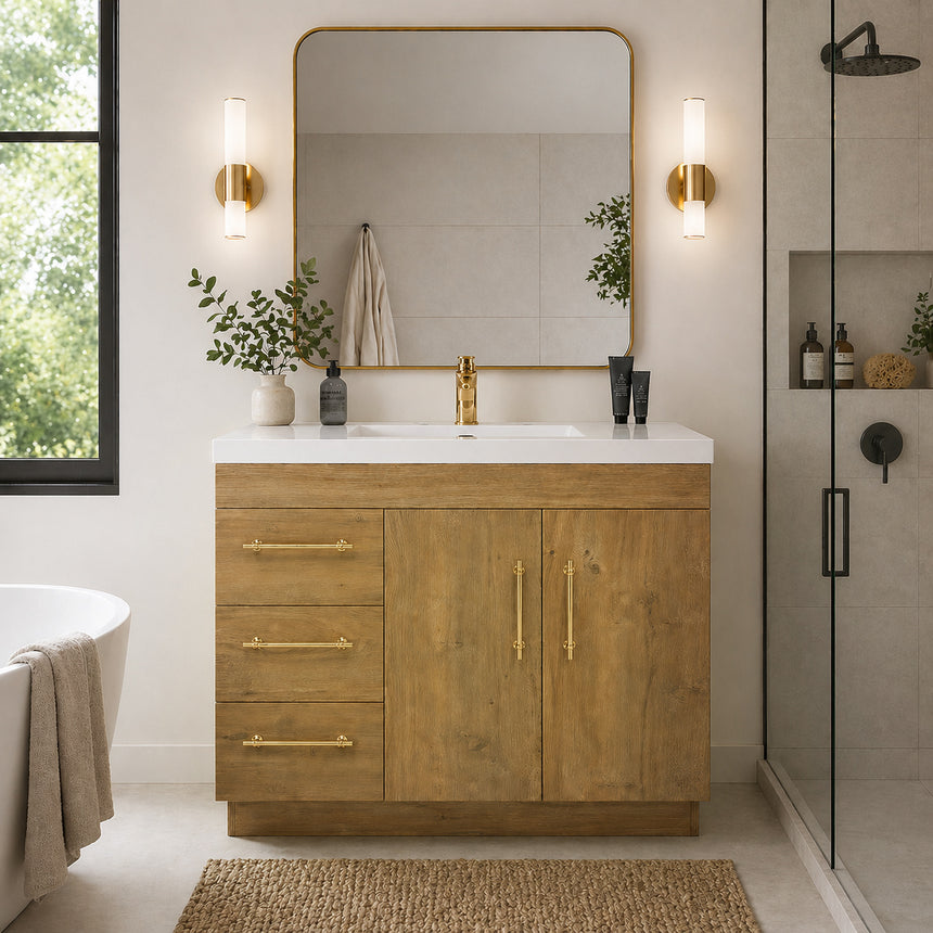 Bathroom with wooden vanity, sink, and decorative elements.