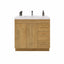 Wooden bathroom vanity with white countertop on a white background