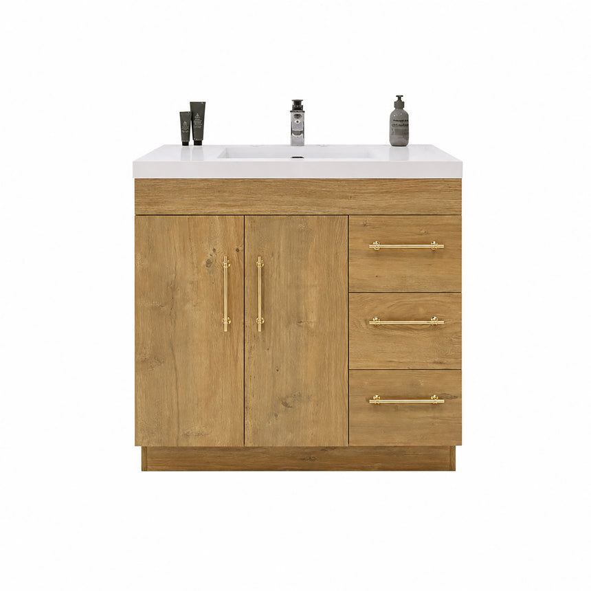Bathroom with wooden vanity, sink, and decorative elements.