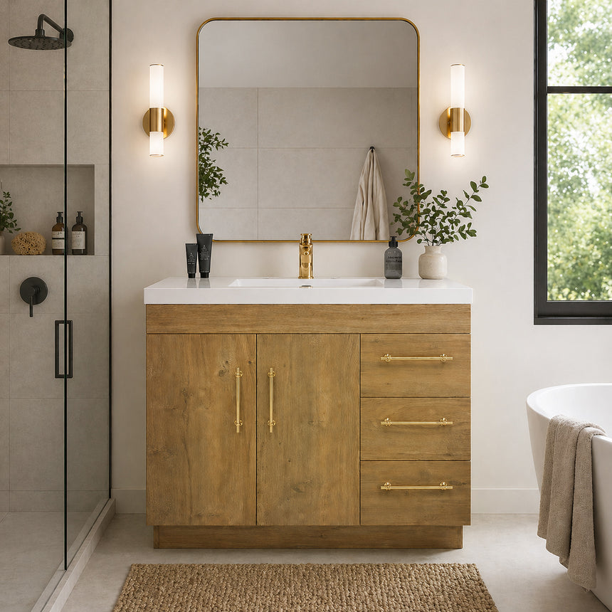 Bathroom with wooden vanity, sink, and decorative elements.