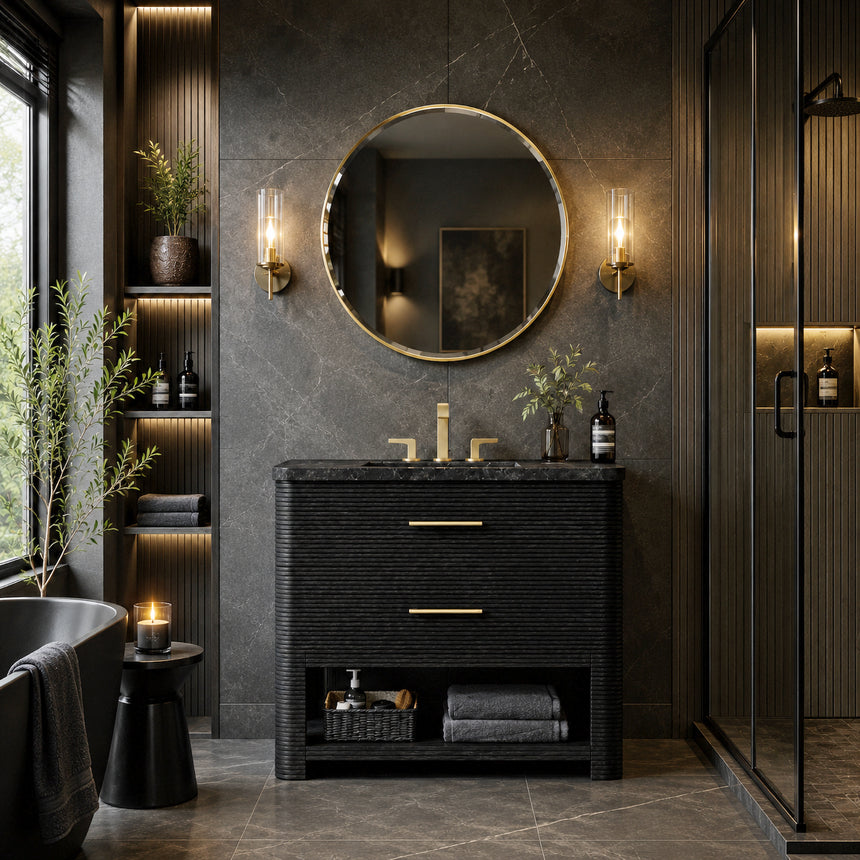 A modern bathroom vanity with a light oak wood frame, six drawers, an open lower shelf, and a white marble top with an integrated sink. The vanity is styled in a bright bathroom with a white freestanding tub, a gold faucet, and a glass shower stall in the background.