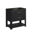 Black bathroom vanity with two drawers and a shelf on a white background