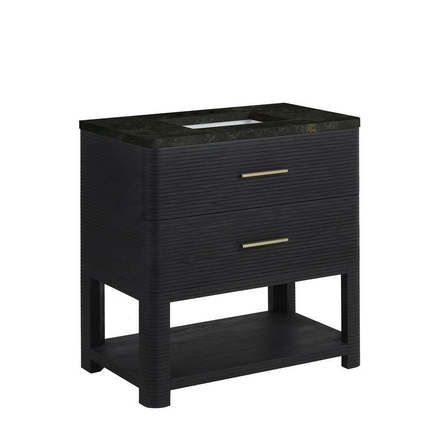 A modern bathroom vanity with a light oak wood frame, six drawers, an open lower shelf, and a white marble top with an integrated sink. The vanity is styled in a bright bathroom with a white freestanding tub, a gold faucet, and a glass shower stall in the background.