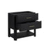 A modern black bathroom vanity with two textured drawers, one of which is open, showcasing a gold-finished pull handle. The nightstand features a lower open shelf and is photographed against a solid white background.