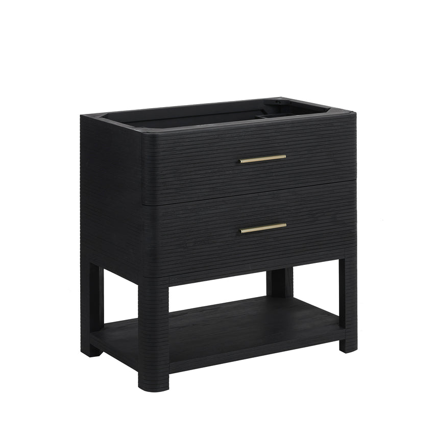 A modern bathroom vanity with a light oak wood frame, six drawers, an open lower shelf, and a white marble top with an integrated sink. The vanity is styled in a bright bathroom with a white freestanding tub, a gold faucet, and a glass shower stall in the background.