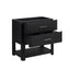 A modern black bathroom vanity with two textured drawers and a lower shelf, featuring slim gold metal handles, shown on a plain white background.