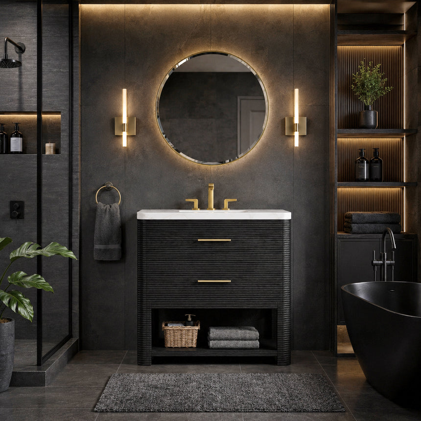 A modern bathroom vanity with a light oak wood frame, six drawers, an open lower shelf, and a white marble top with an integrated sink. The vanity is styled in a bright bathroom with a white freestanding tub, a gold faucet, and a glass shower stall in the background.