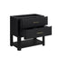 A modern black bathroom vanity with a textured grain finish, featuring two partially open drawers with slim gold handles and a lower open shelf, shown on a solid white background.