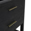 Black wooden bathroom vanity with gold handles on a white background