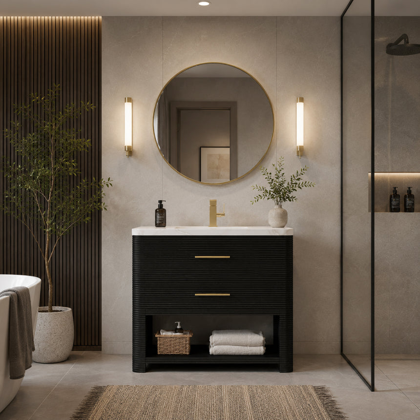 A modern bathroom vanity with a light oak wood frame, six drawers, an open lower shelf, and a white marble top with an integrated sink. The vanity is styled in a bright bathroom with a white freestanding tub, a gold faucet, and a glass shower stall in the background.