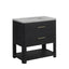 Black bathroom vanity with white countertop on a white background