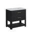 Black bathroom vanity with white countertop on a white background