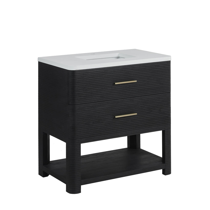 A modern bathroom vanity with a light oak wood frame, six drawers, an open lower shelf, and a white marble top with an integrated sink. The vanity is styled in a bright bathroom with a white freestanding tub, a gold faucet, and a glass shower stall in the background.