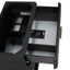 Black bathroom vanity with open drawers