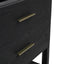 Black wooden bathroom vanity with gold handles on a white background, close-up