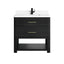 Black bathroom vanity with white countertop and gold handles on a white background