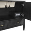 Black cabinet with open door revealing a outlet inside, on a white background