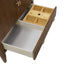 Wooden drawer with a divided compartment and metal tray inside, on a white background.