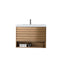 Wooden bathroom vanity with white countertop on a white background
