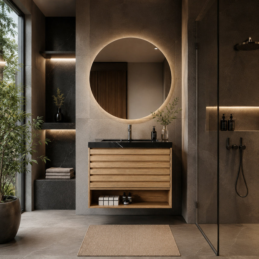 A modern floating bathroom vanity with a light oak wood finish, a white countertop, and an integrated sink, shown in a styled bathroom setting with a bathtub, shower glass, and decorative plants.
