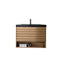 Wooden bathroom vanity with black countertop on a white background