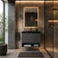 Modern floating bathroom vanity in a minimalist bathroom setting, featuring a dark gray wood-look cabinet, integrated sink, illuminated rectangular mirror, and warm ambient lighting.