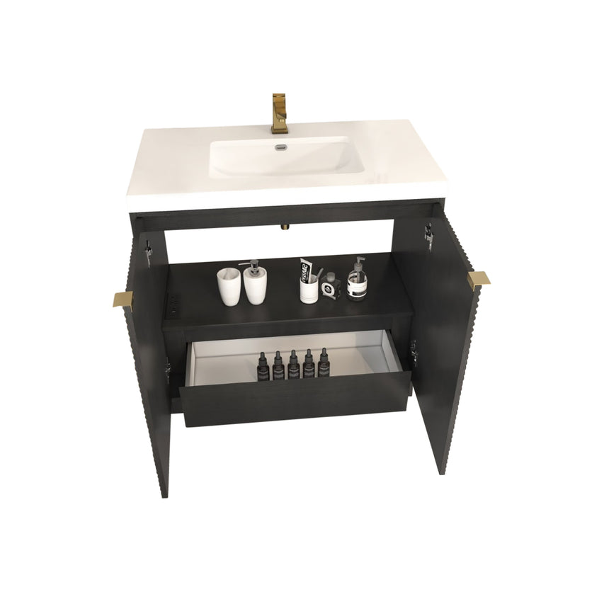 Bathroom vanity with wooden cabinets and decorative elements