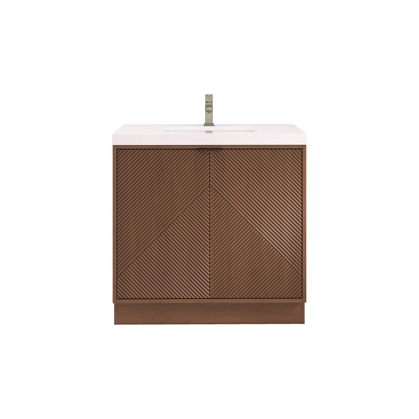 Bathroom vanity with wooden cabinets and decorative elements