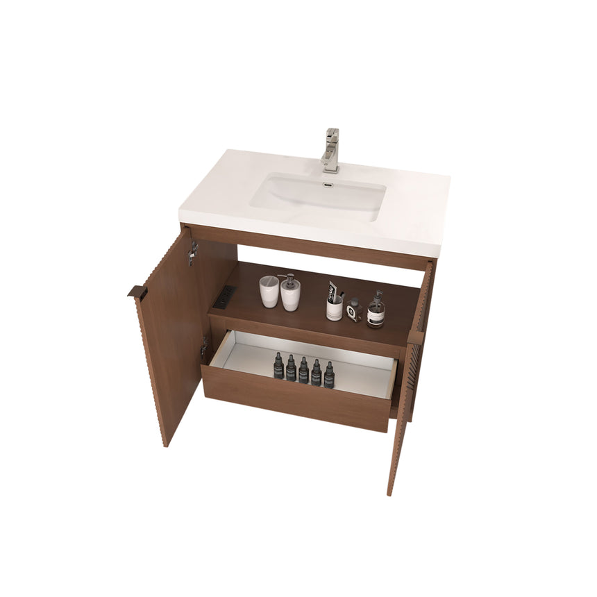 Bathroom vanity with wooden cabinets and decorative elements