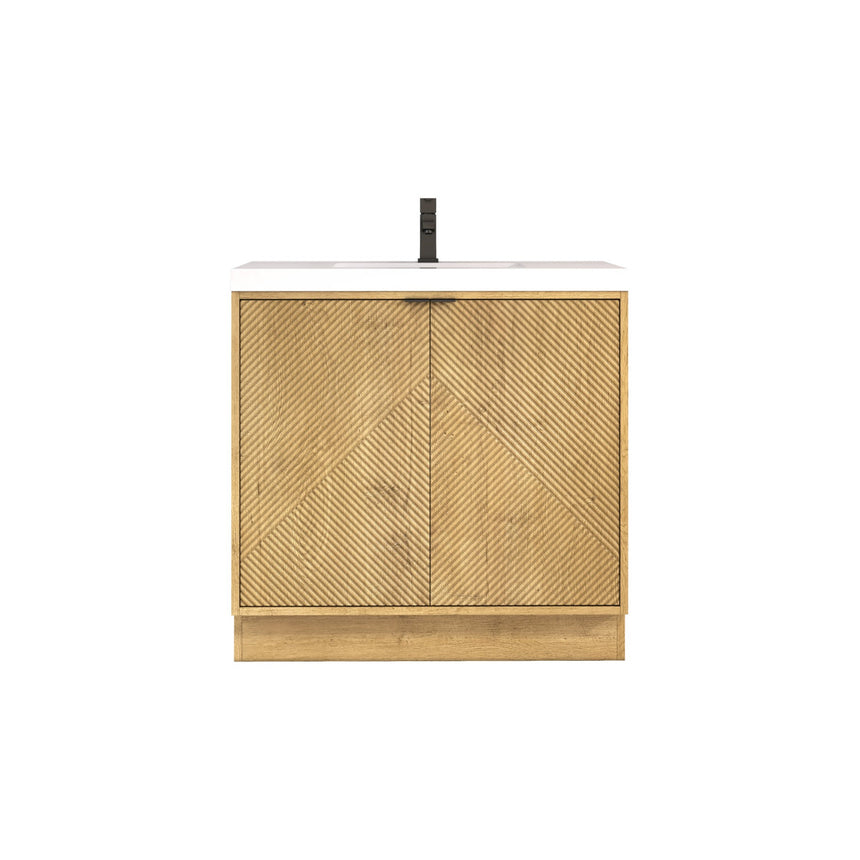 Bathroom vanity with wooden cabinets and decorative elements