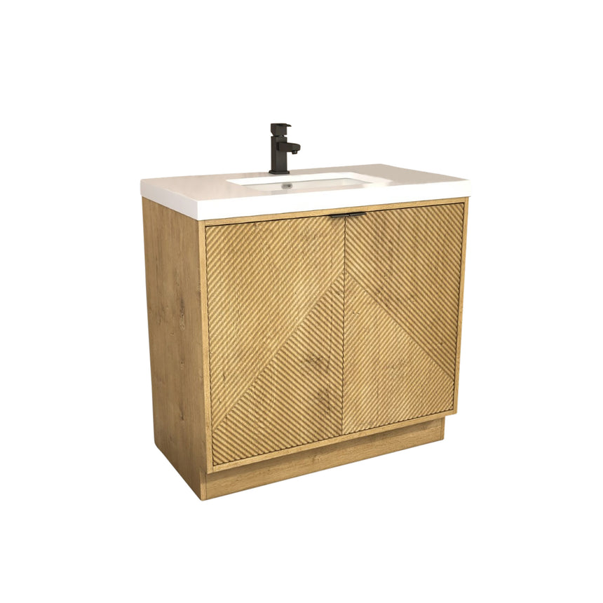 Bathroom vanity with wooden cabinets and decorative elements