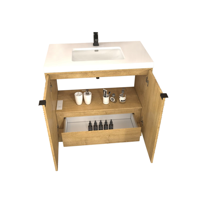 Bathroom vanity with wooden cabinets and decorative elements