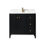 Black bathroom vanity with white countertop and gold fixtures on a white background