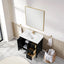 Bathroom vanity with sink, mirror, and storage cabinets in a modern bathroom setting.