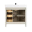 Bathroom vanity with open cabinet doors on a white background