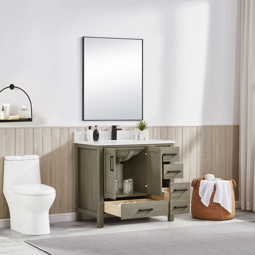 Bathroom vanity with wooden cabinets and white countertop, featuring a toilet and towel on the side.